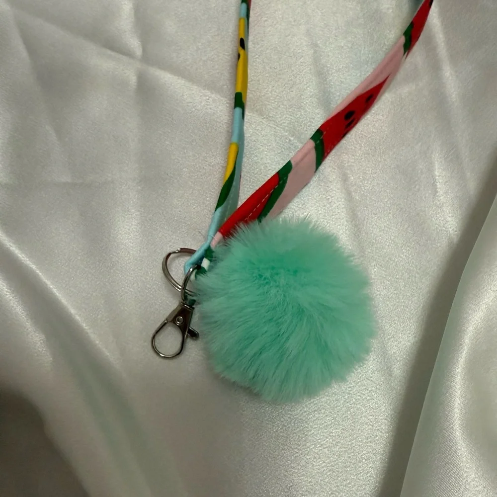 Handmade Colorful Watermelon Print Wristlet Keychain with Mint Green Pompom